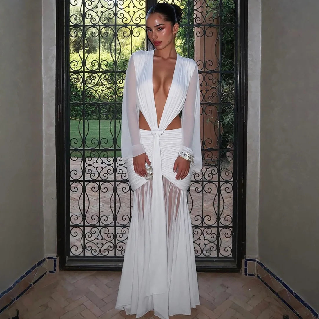 Women's Backless Draped V-Neck Maxi Dress - Ruched Mesh Long Sleeve Gown