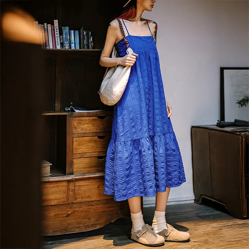 Women's Blue Seersucker Sleeveless A-Line Beach Dress - Summer Vacation Strappy Slip Dress