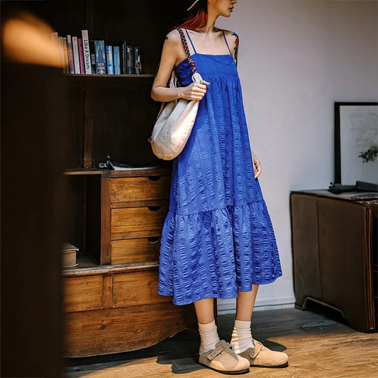 Women's Blue Seersucker Sleeveless A-Line Beach Dress - Summer Vacation Strappy Slip Dress