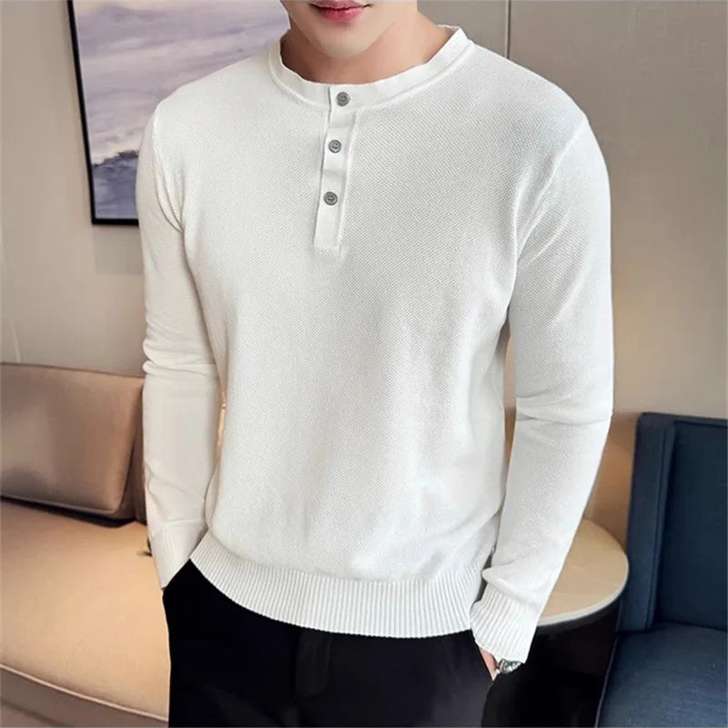 Men's Autumn Winter Henry Collar Slim Fit Knit Pullover Cotton Long Sleeve Knitted Sweater