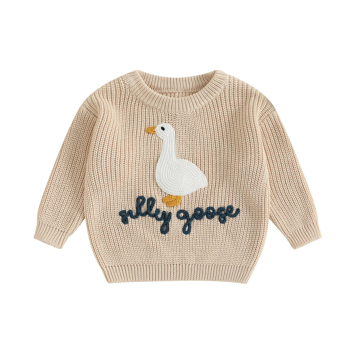 Toddler Baby Goose Sweater - Animal Letter Embroidered Crewneck Chunky Knit