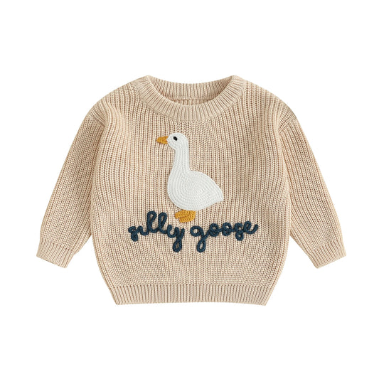 Toddler Baby Goose Sweater - Animal Letter Embroidered Crewneck Chunky Knit