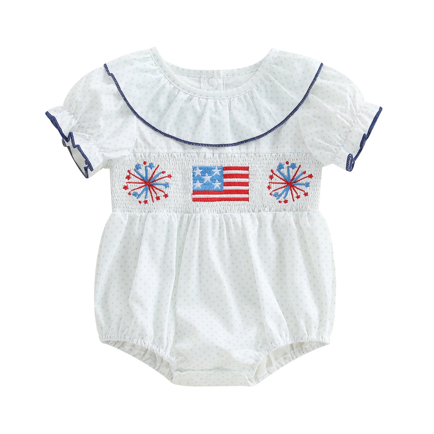 Baby Girls' Independence Day Romper - Dot Print Bow Flag Embroidery Ruffled Jumpsuit