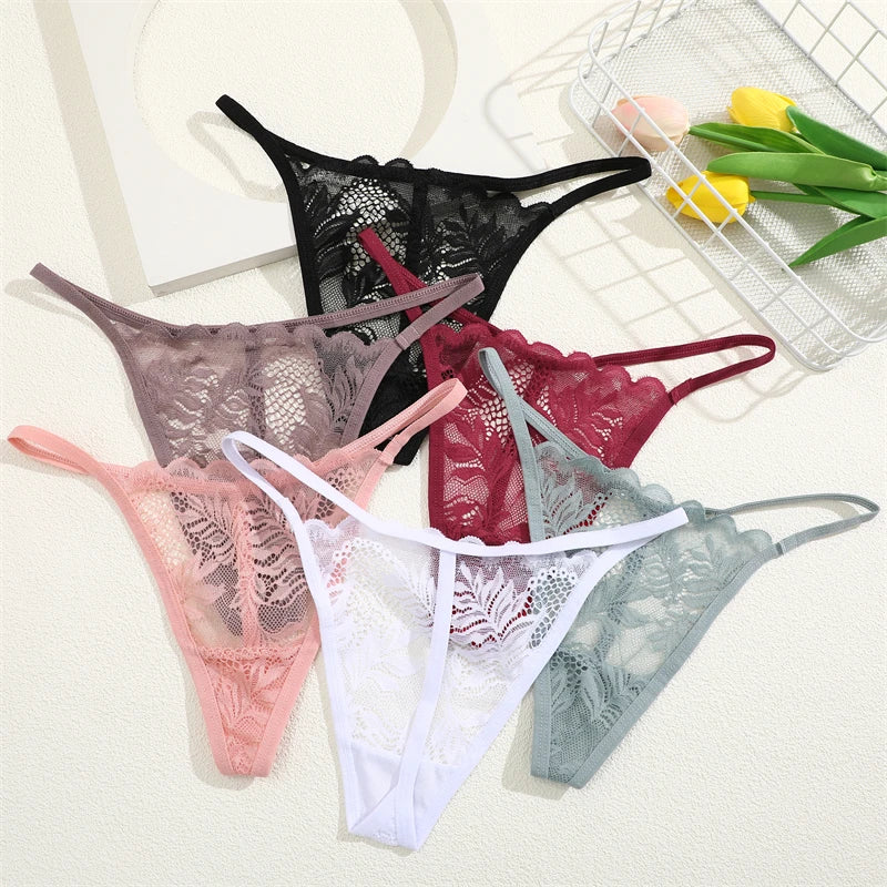 Floral Lace Thong Underwear - Low Waist Transparent Briefs for Women