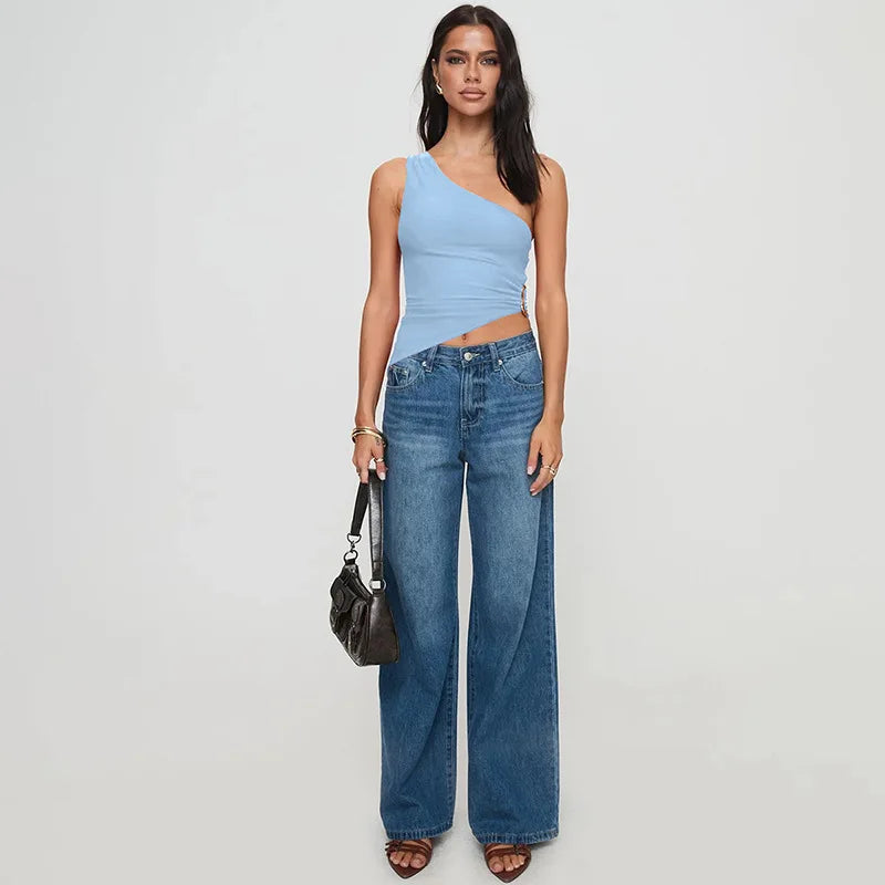 Women's Summer One Shoulder Backless Basic Asymmetrical Crop Top Tank Ruched Top