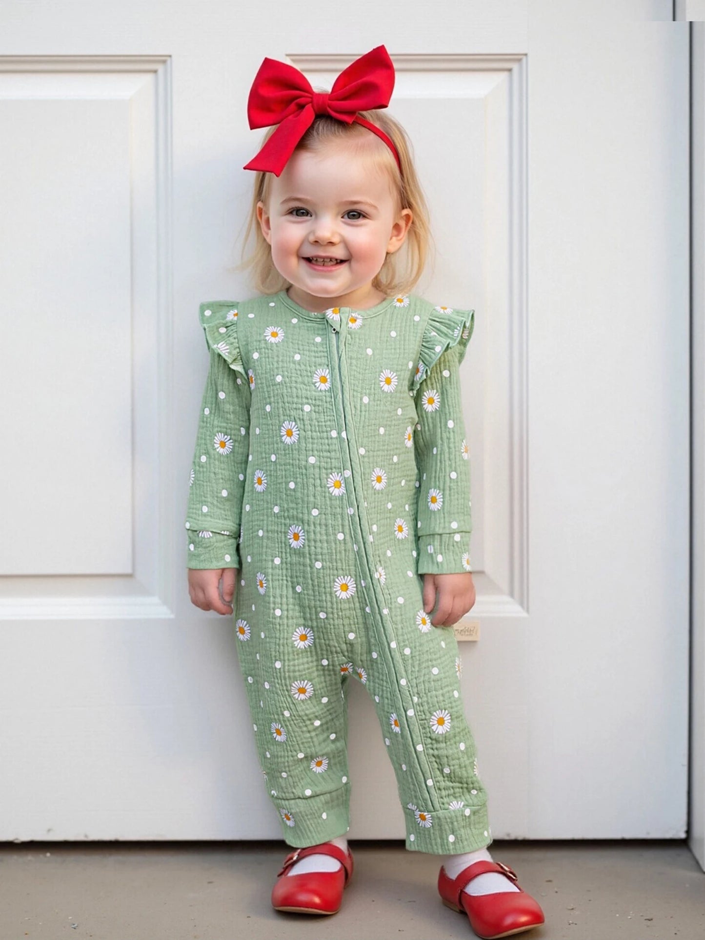 Baby Girls Fall Jumpsuit - Long Sleeve Flower Print Zipper Romper (0-18M)