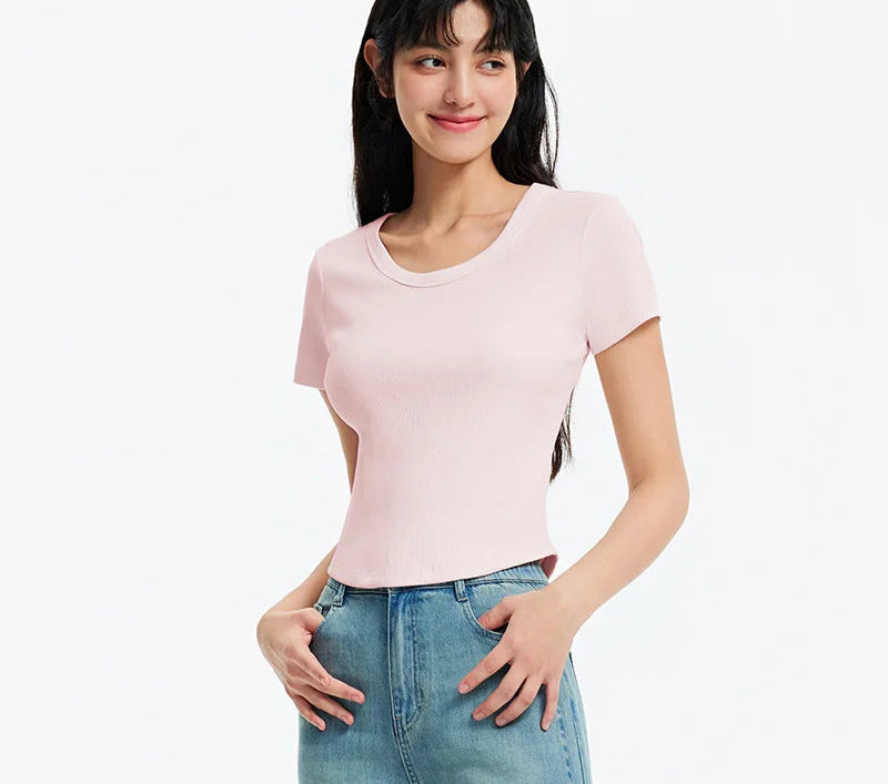 Cooling Fitted Short Sleeve Tee - Summer Round Neck Basic Top