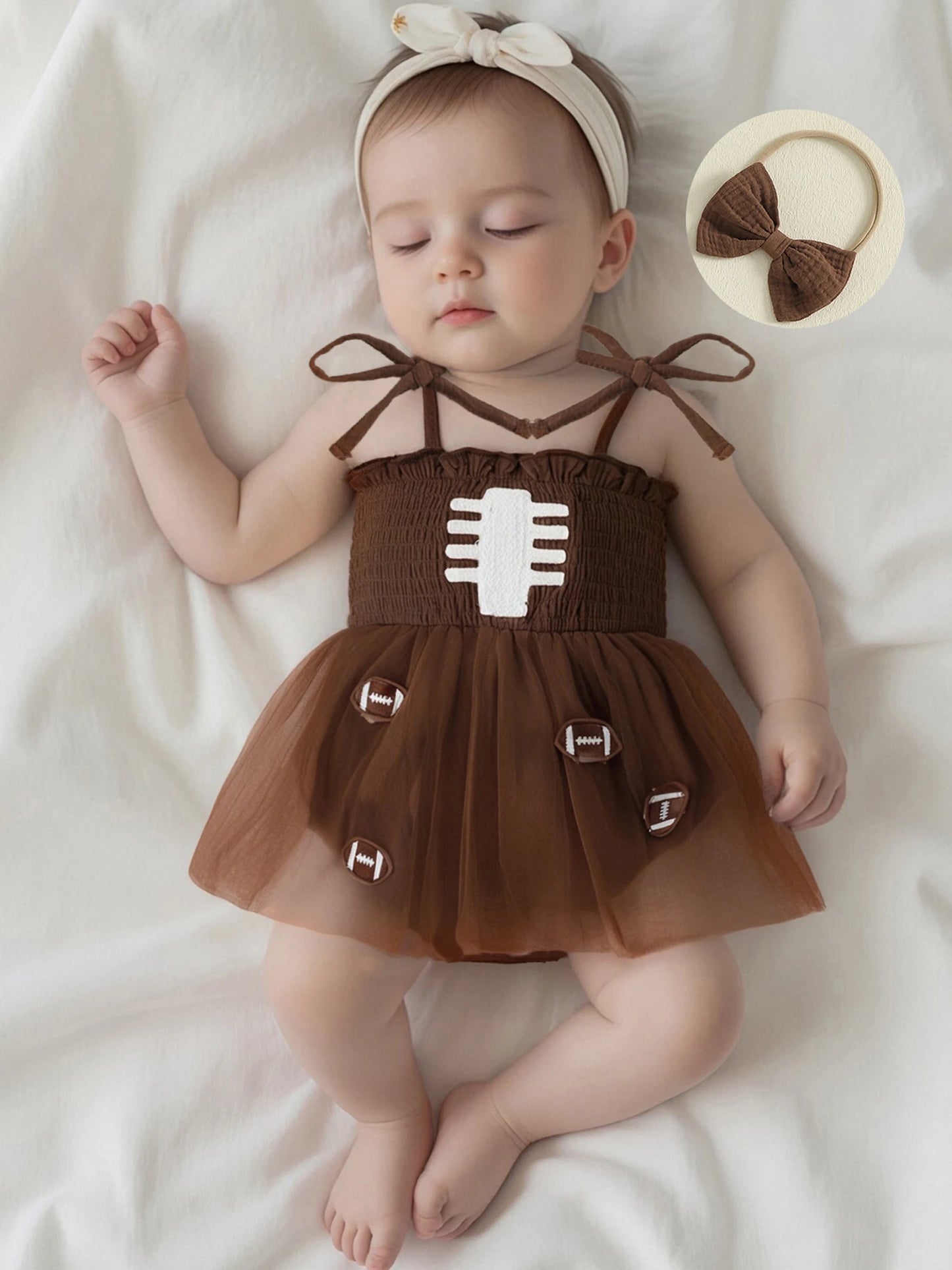 Baby Girls Football Embroidered Romper Dress with Bow Headband (0-18M)