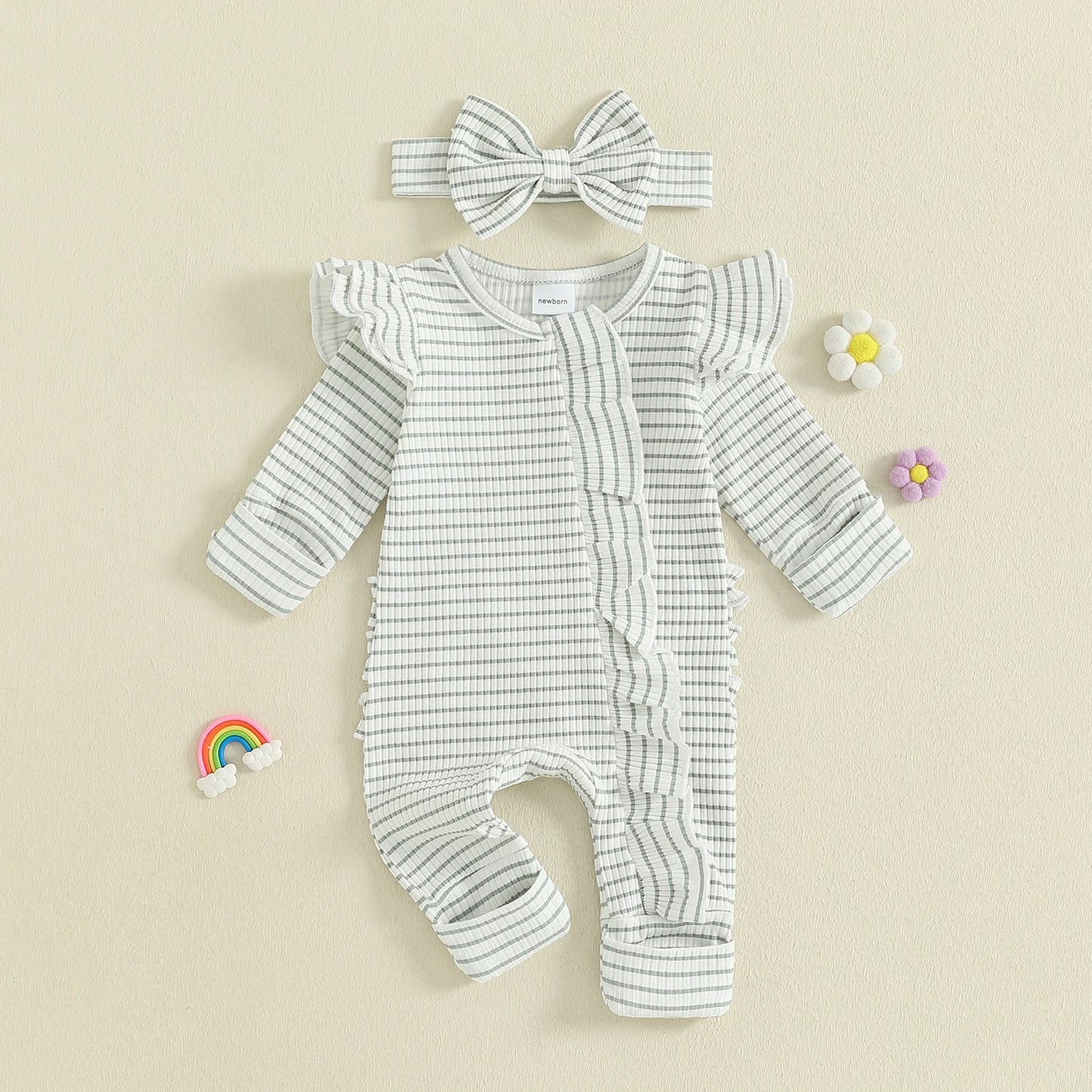 Newborn Baby 2-Piece Romper Outfit Set - Striped Jumpsuit with Headband