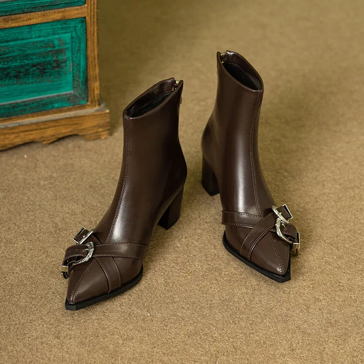 Women's Leather Metal Belt Buckle Short 6cm Square Heel Rivet Boot Back Zipper Boots