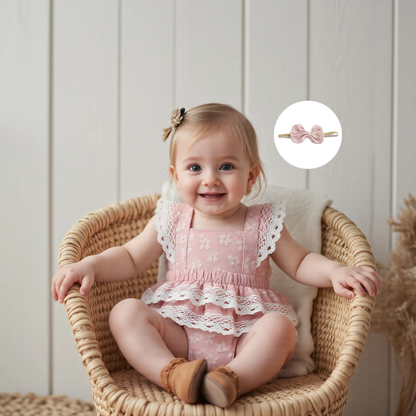 Baby Girls Summer Romper Dress - Flying Sleeve Square Neck Floral Print with Bow Headband (0-18M)
