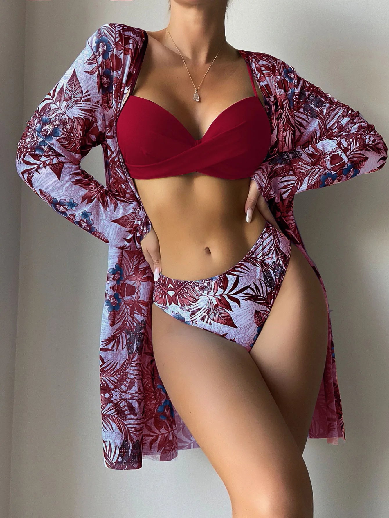 Women's Print Beach Cover Up And Bikini Set Swimwear Hollow Out Swimsuit High Waist Three Piece Beachwear