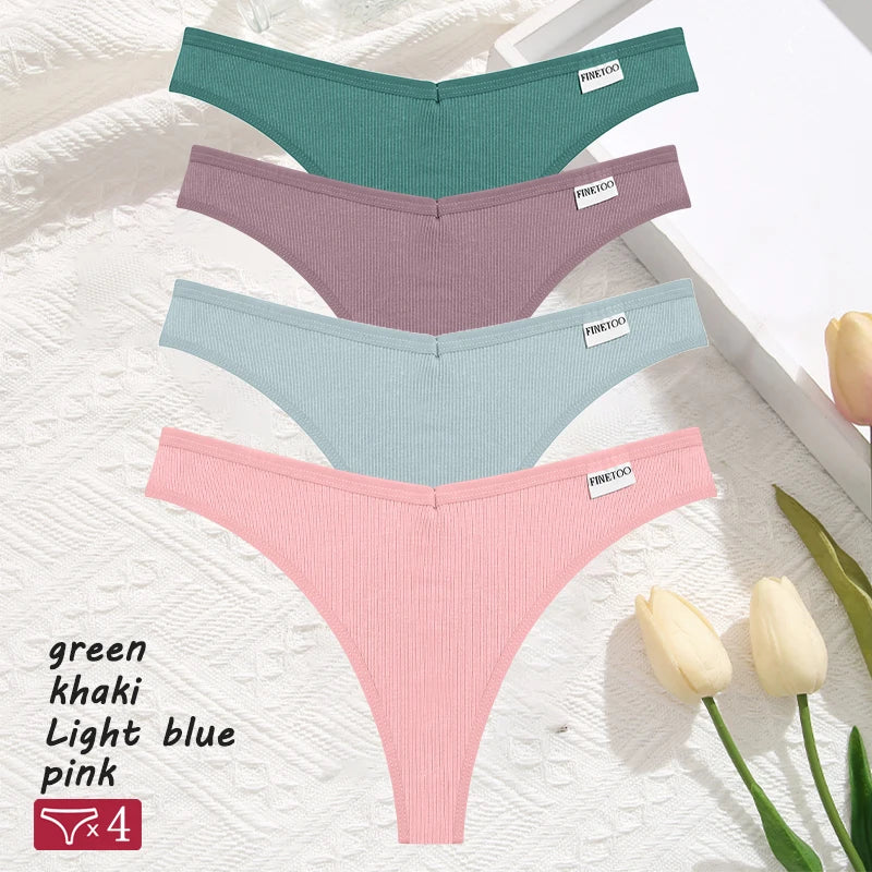 Women's 4Pcs Cotton Striped Solid Underwear V Waist G-string Panties Comfortable Soft T-back Bikini
