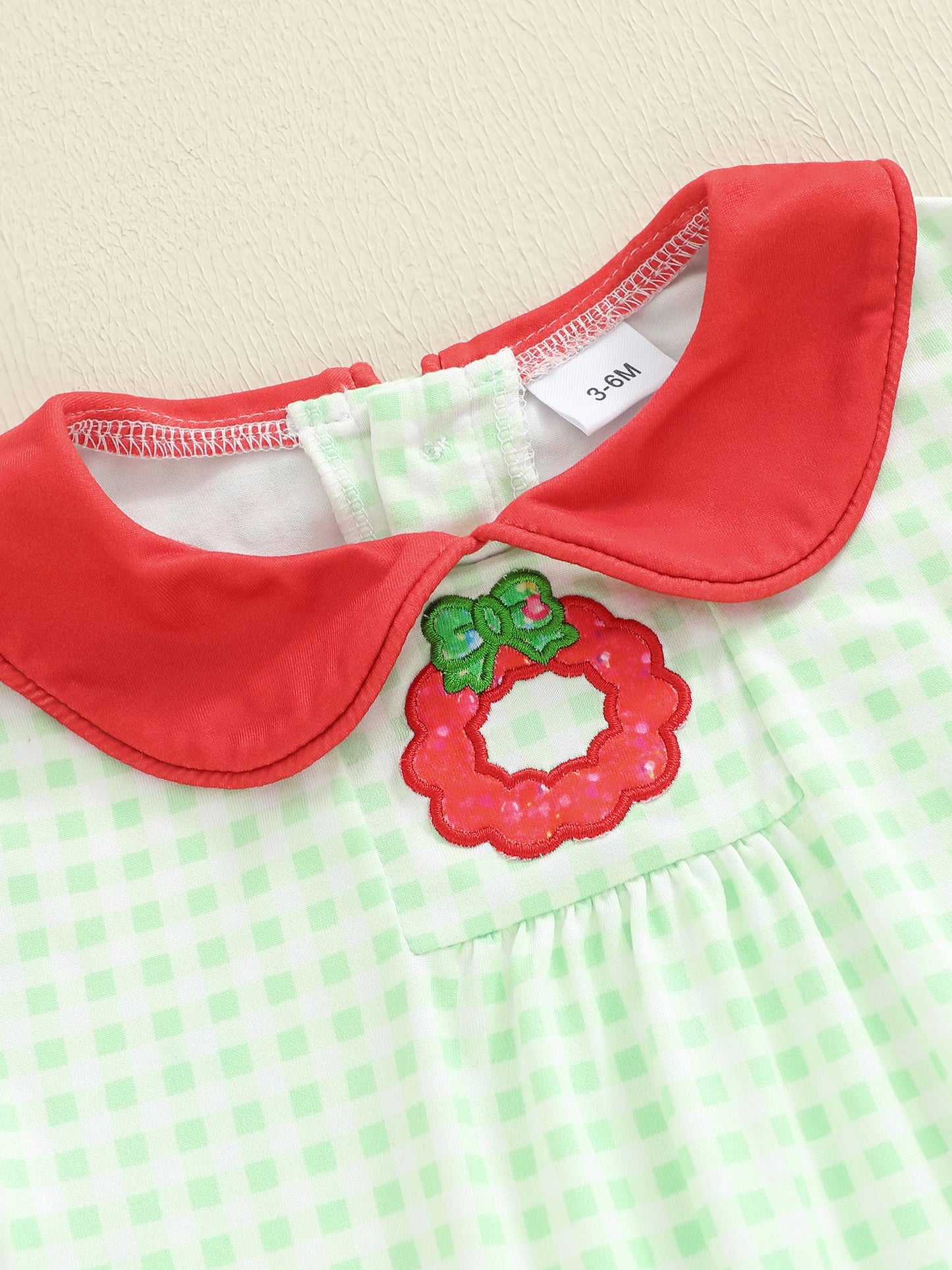 Baby Girls Plaid Romper - Wreath Embroidery Short Sleeve Doll Collar Bubble Jumpsuit