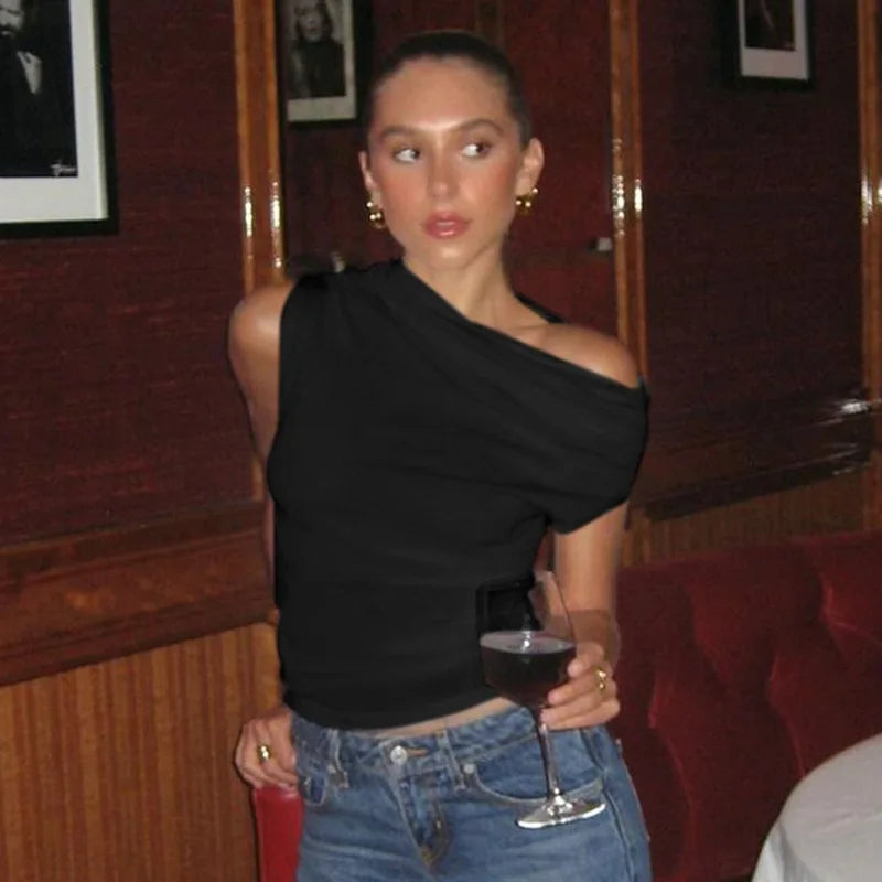 Women's Ruched Asymmetrical Tops Casual Outfits Solid Cropped Top Basic Summer T-shirt