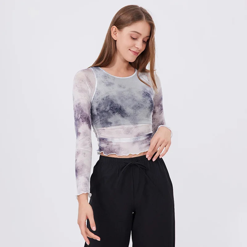 Women's Long Sleeve Yoga Shirt Women Tie-Dye 2 In 1 Gym Crop Top Slim Fit Breathable Running Top With Chest Pads Sportswear