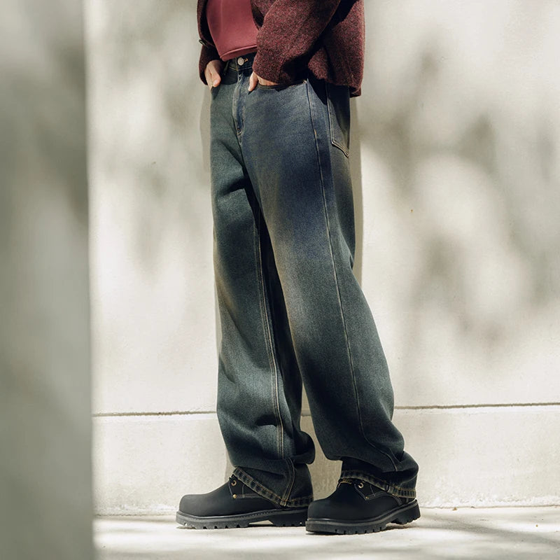 Vintage Washed Whiskered Loose Fit Straight Leg Jeans - Men's Classic Casual Denim