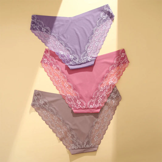 Women's 2Pcs Seamless Stretch Underwear Lace Floral Panties Recycled Materials Breathable Briefs Low Waist Comfort Lingerie