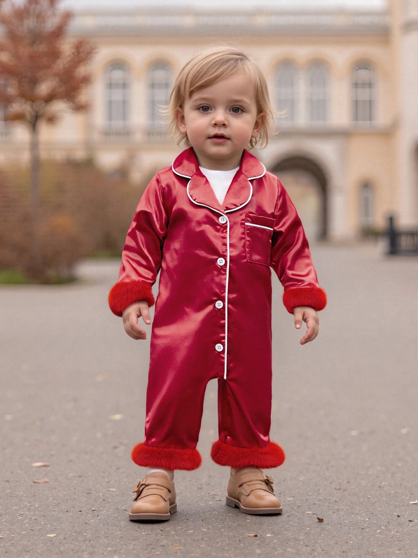 Baby Christmas Pajama Romper - Button Down with Feather Trim Cuffs