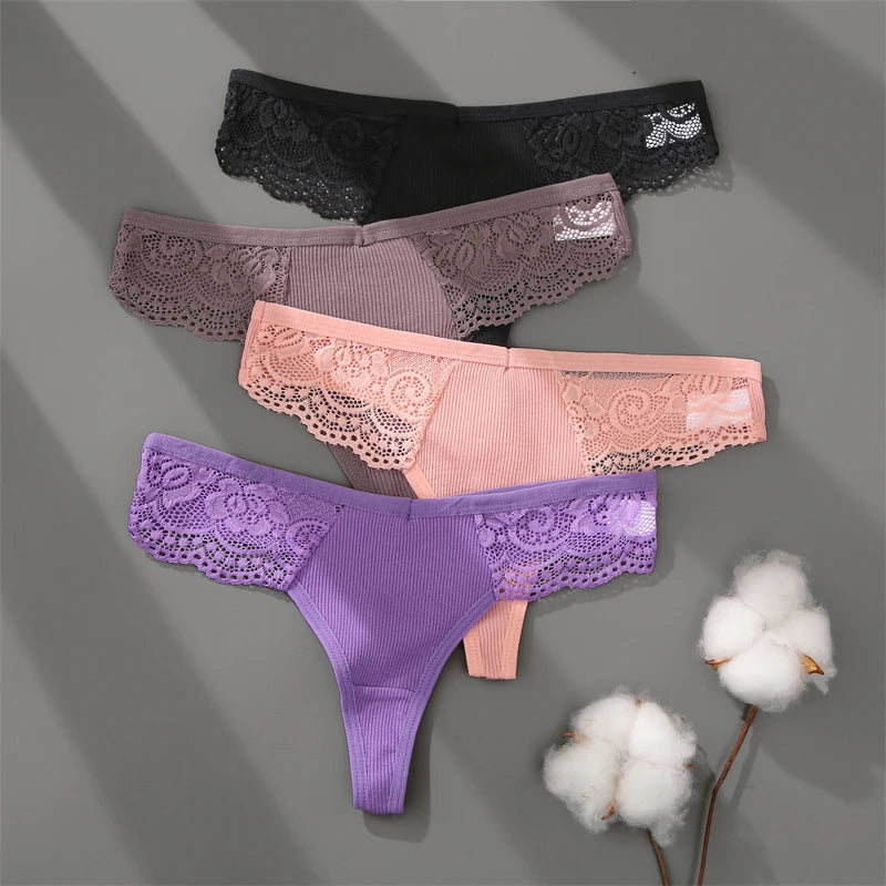 Cotton Lace Thongs - 3 Pack Low Waist Bikini Panties