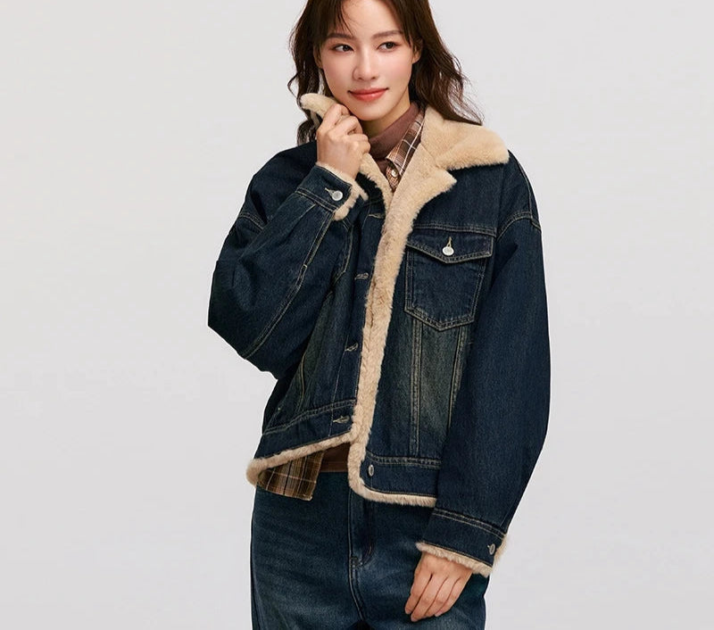 Denim Jacket Women Patchwork Imitation Rabbit Fur Lapel Loose Winter Quilted Jacket