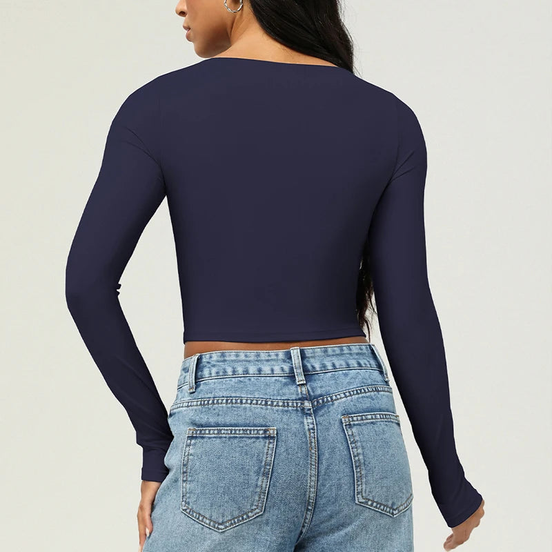 Women's Long Sleeve Yoga T-Shirt Square Neckline Gym Top Breathable Workout Running Crop Top Sportswear