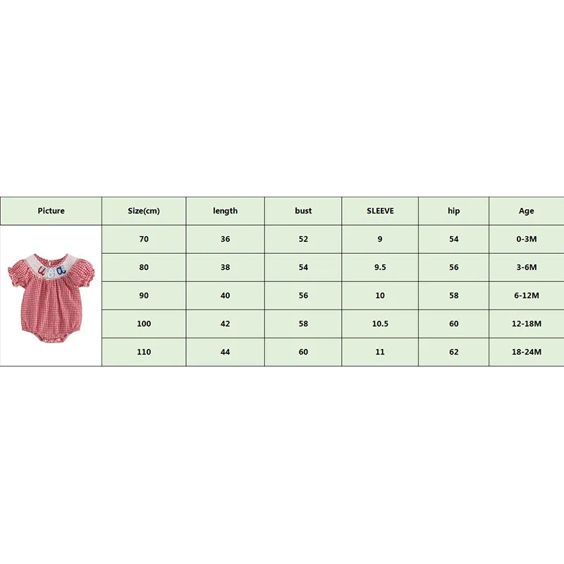 Baby Girls Independence Day Rompers - 3 Colors Letter Embroidery Plaid Print Short Sleeve Jumpsuits