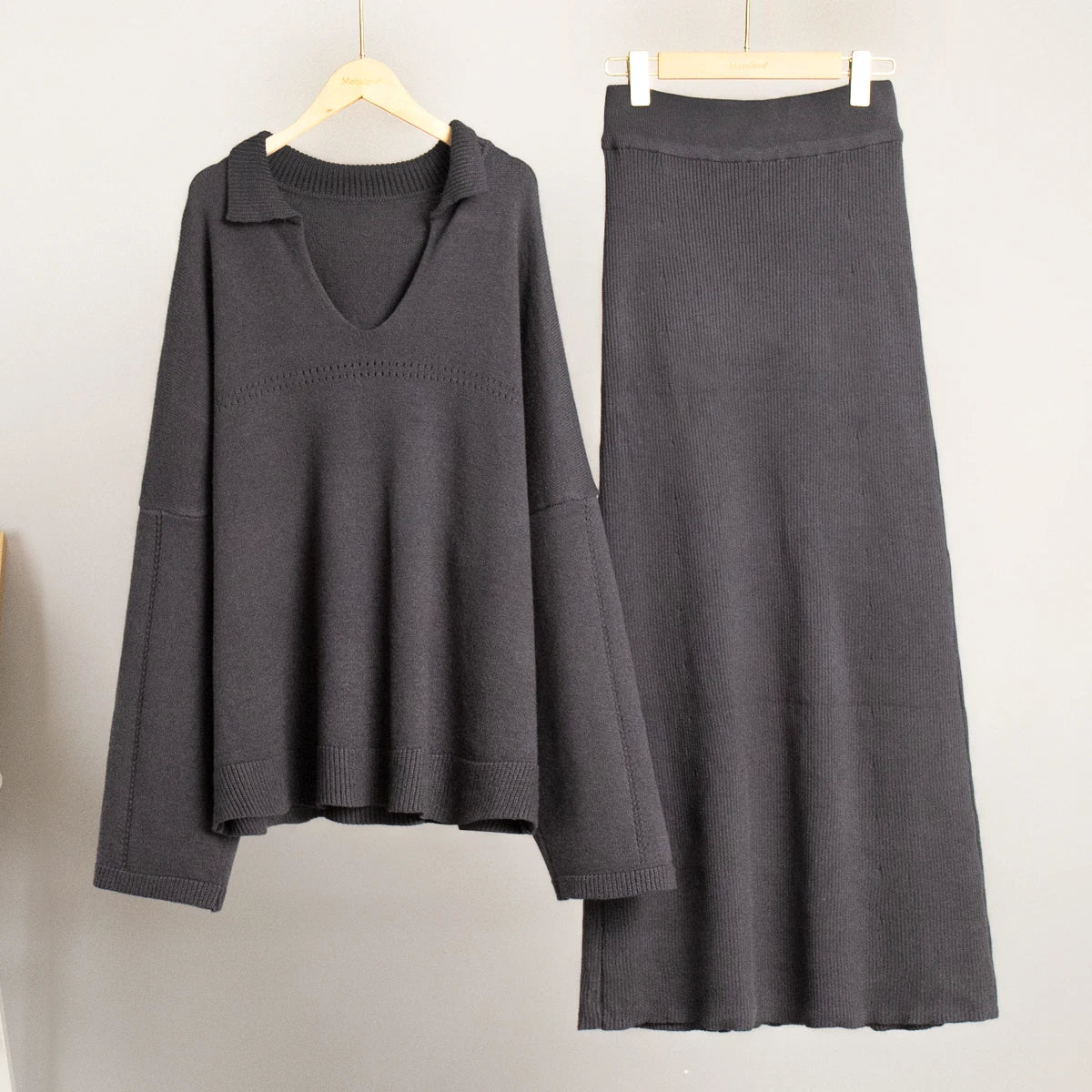 Women's Loose Sweater V-Neck Knit Pullover Top and Long High Waist Skirt 2 Piece Set