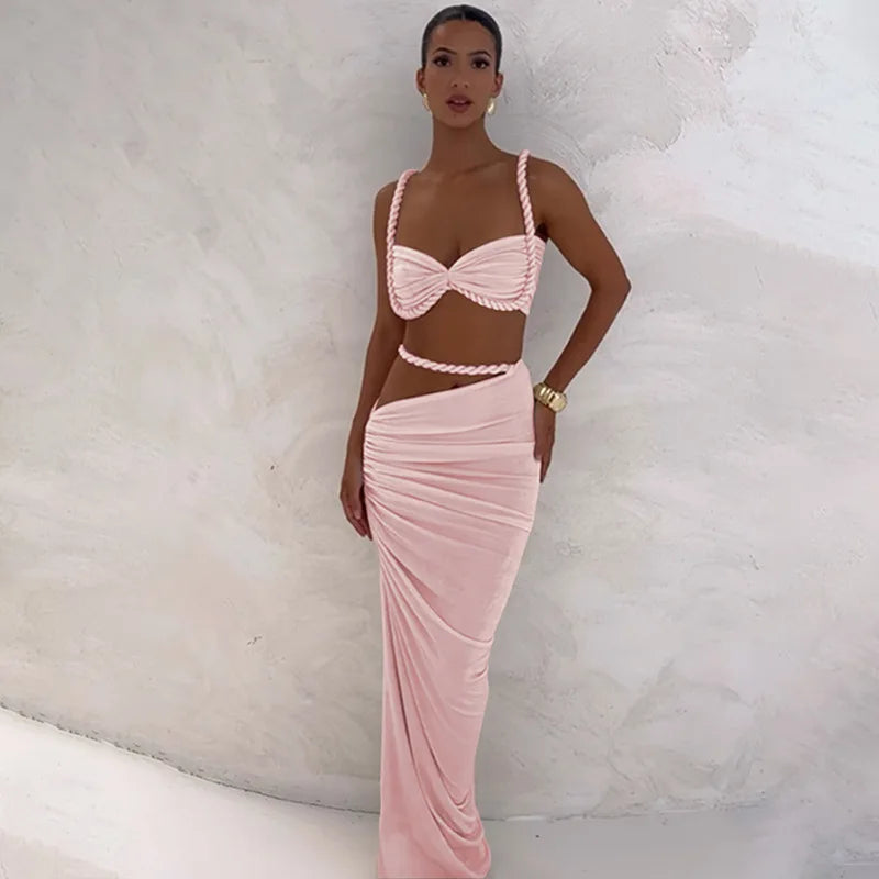 Women's Ruched Bandage 2 Piece Set Backless Decorative Cord Top and Skirt Dress Set