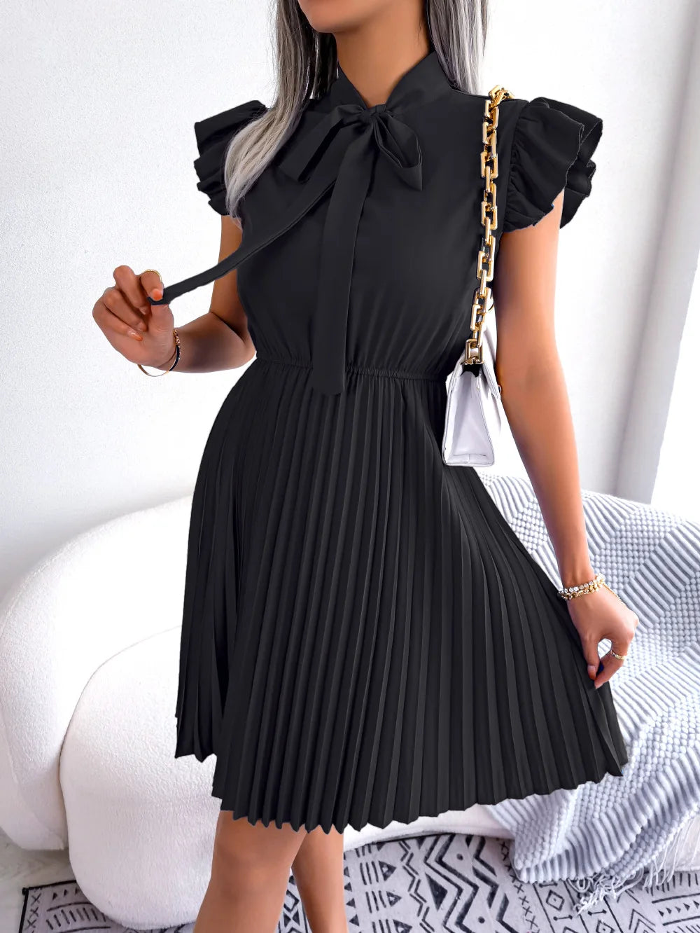 Women's Spring Summer Elegant Lace Up High Waist Large Fold Bow Collar Pleated Dress