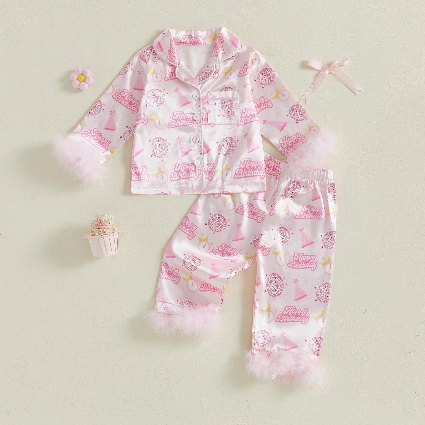 Kids Girls Pyjamas Set - Letter Ball Print Button Down Top & Pants (0-4Y)