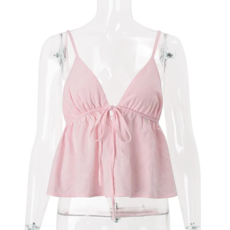 Y2K Camisole Crop Top - Backless Tie Front Top for Women