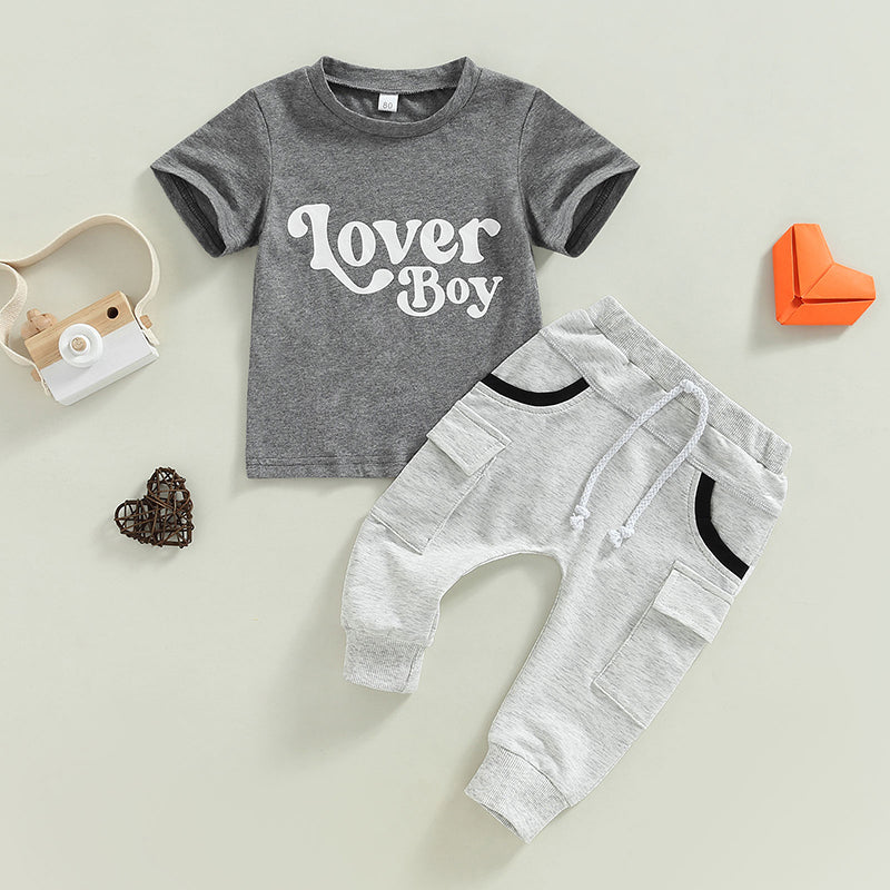 Valentine's Day Baby Boys Summer Outfit Set - Letter Print Grey T-Shirt & Pocket Pants (0-4Y)