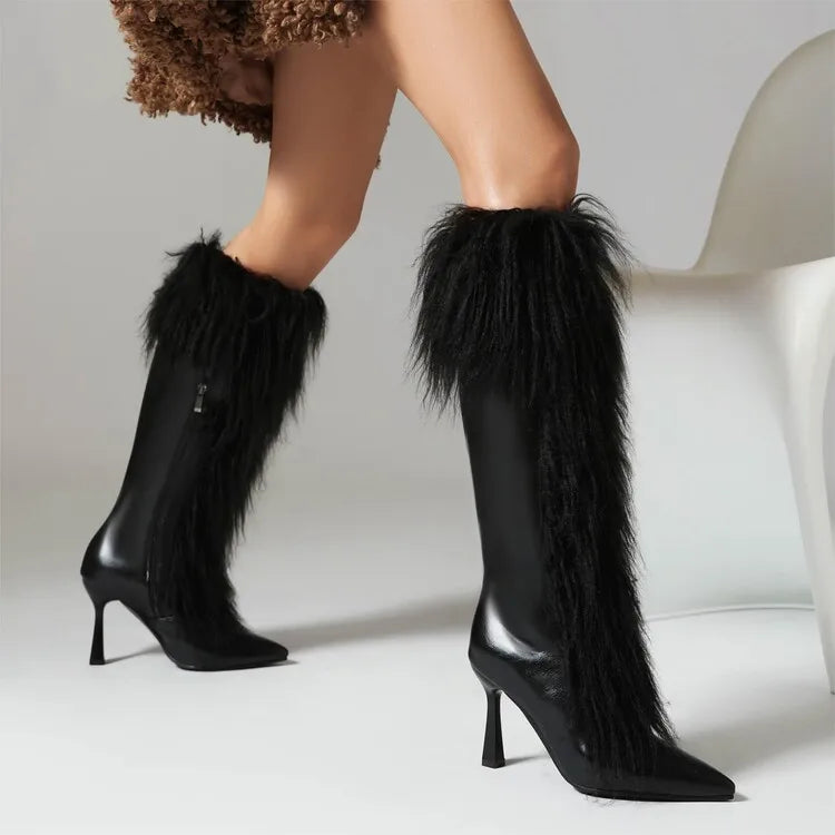Women's Pointed Patent Leather Knee High Side Zipper High Heel Boots