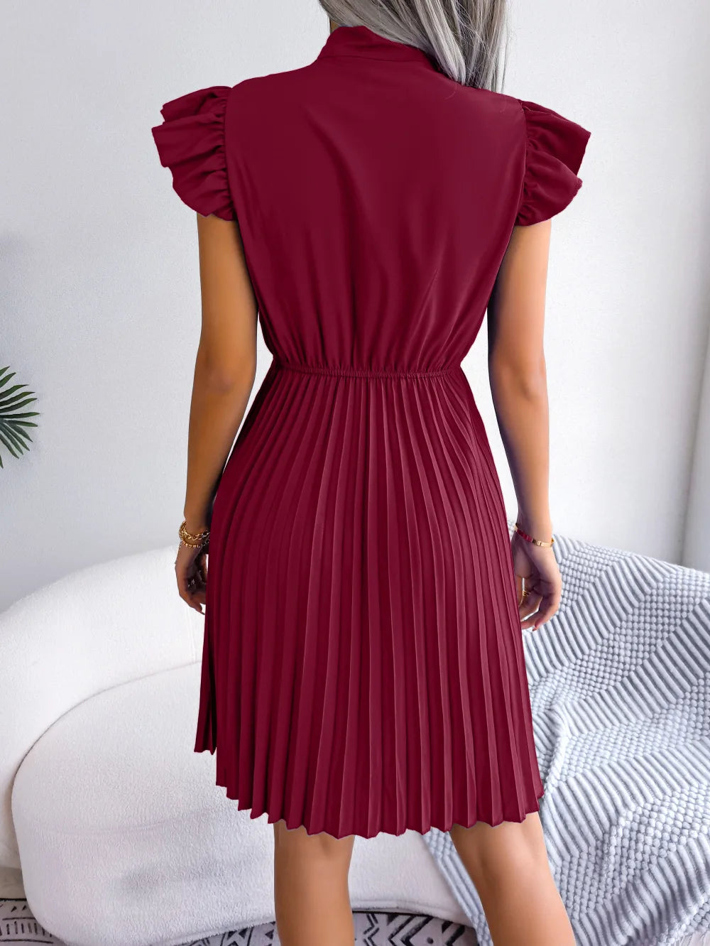 Women's Spring Summer Elegant Lace Up High Waist Large Fold Bow Collar Pleated Dress