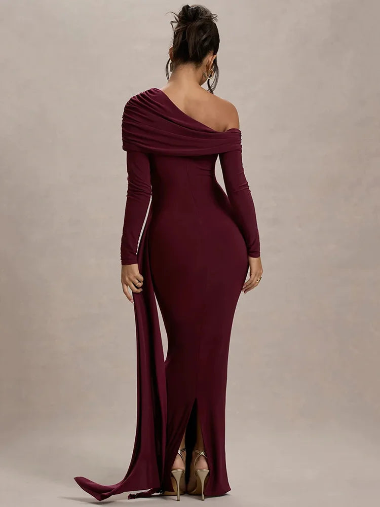 Women's Skew Collar Long Sleeve Maxi Backless Draped Ruched Bodycon Long Dress