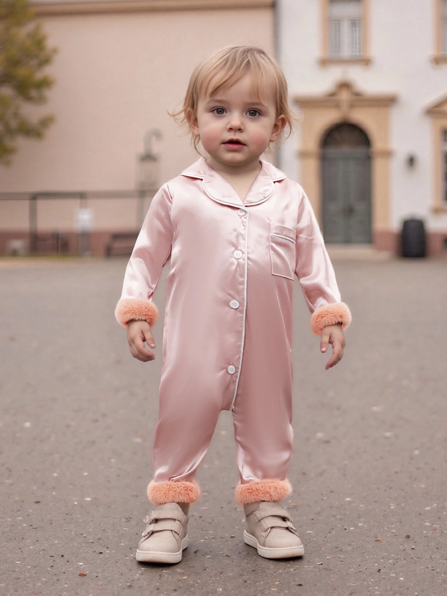 Baby Christmas Pajama Romper - Button Down with Feather Trim Cuffs