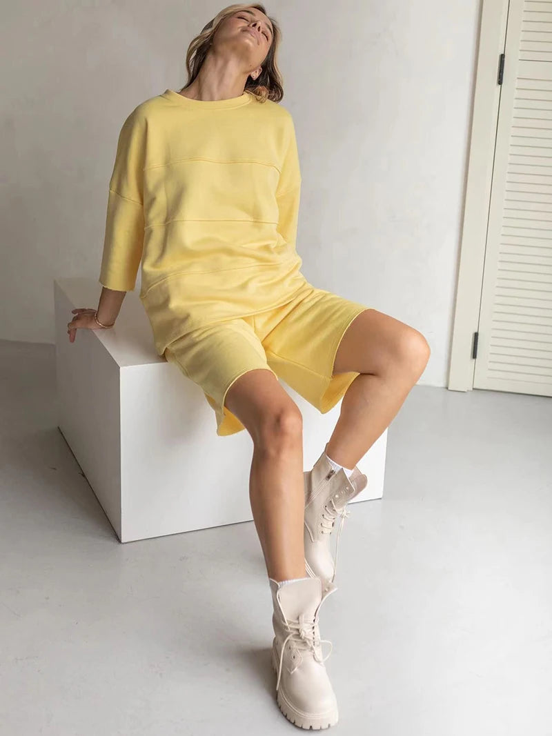 Women's 100% Cotton Shorts Set Half Sleeve Patchwork T Shirts & High Waist Shorts Two Pieces Set