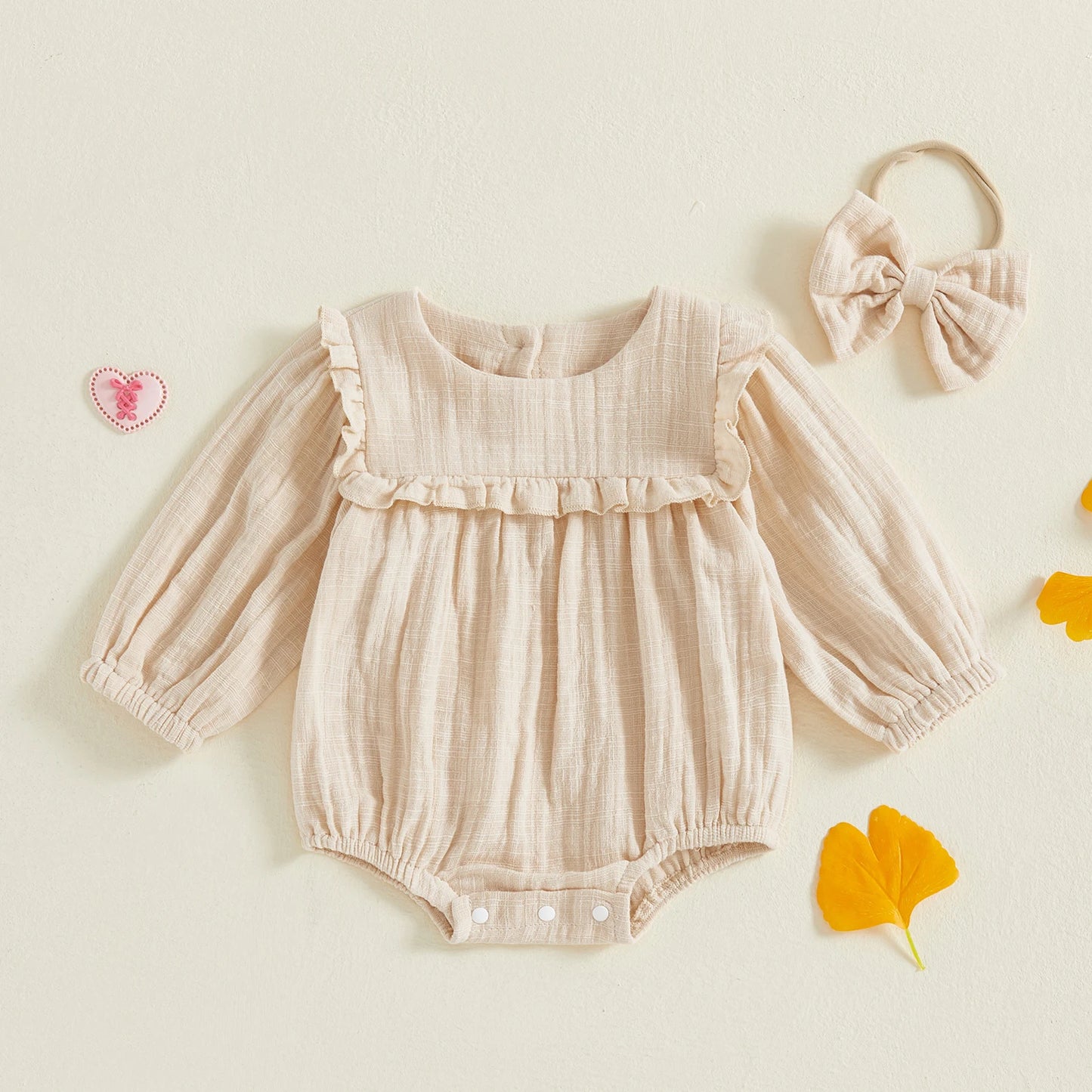 Baby Girls Fall Romper - Solid Color Long Sleeve Round Neck Ruffled Jumpsuit with Bow Headband