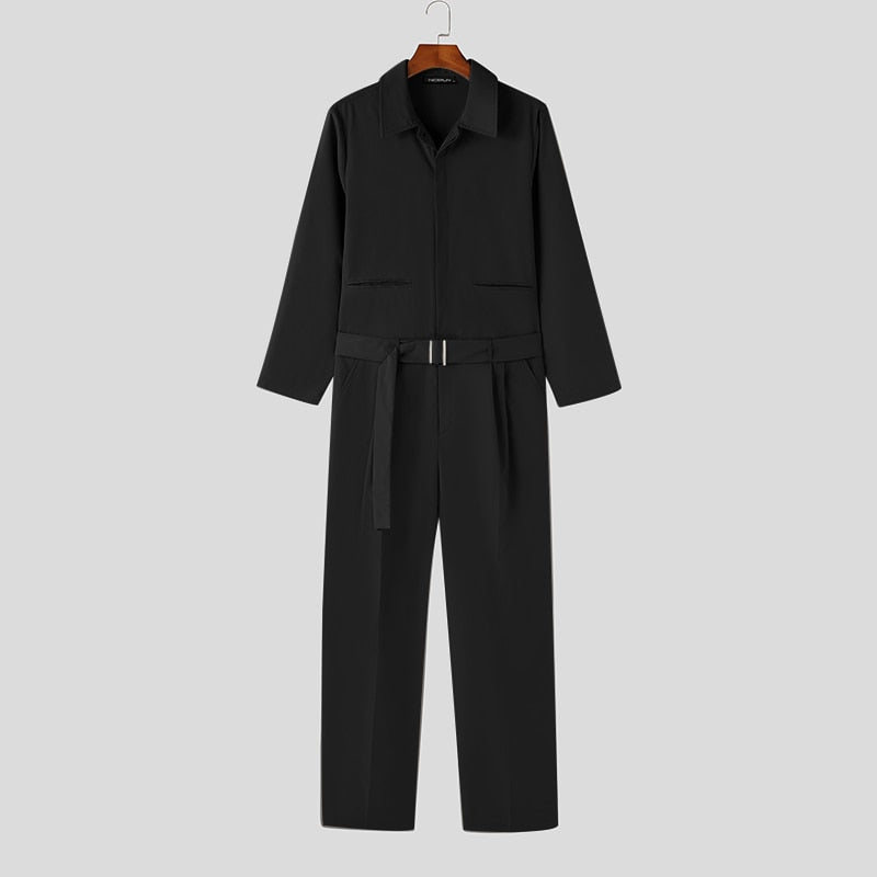 Men's Lapel Long Sleeve Pockets Jumpsuit With Belt S-5XL