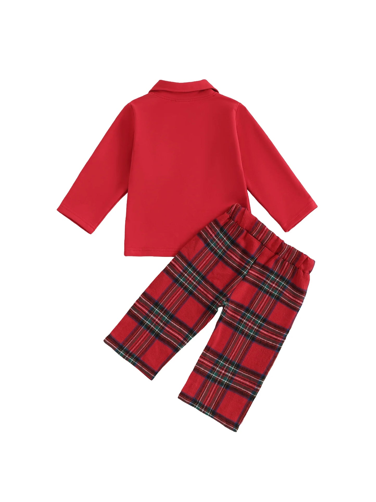 Toddler Kids Boy Christmas Clothes Set - Santa Embroidery Long Sleeve Lapel Pullover & Elastic Waist Plaid Pants