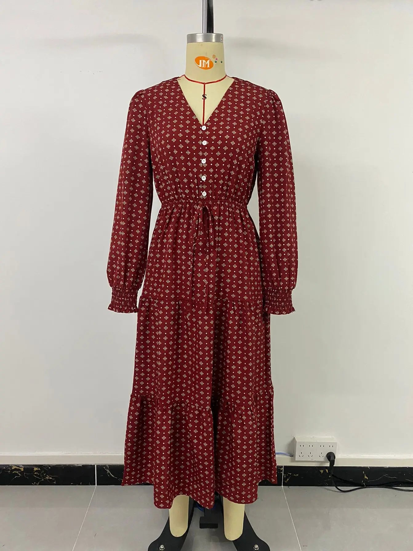 Women's Autumn Winter Long Sleeve Print V-neck Chiffon A-Line Knee Length High Waist Dress