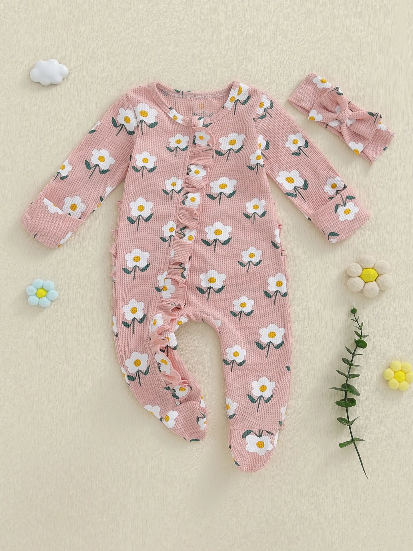Lovely Newborn Baby Floral Print Romper with Headband (0-12M)