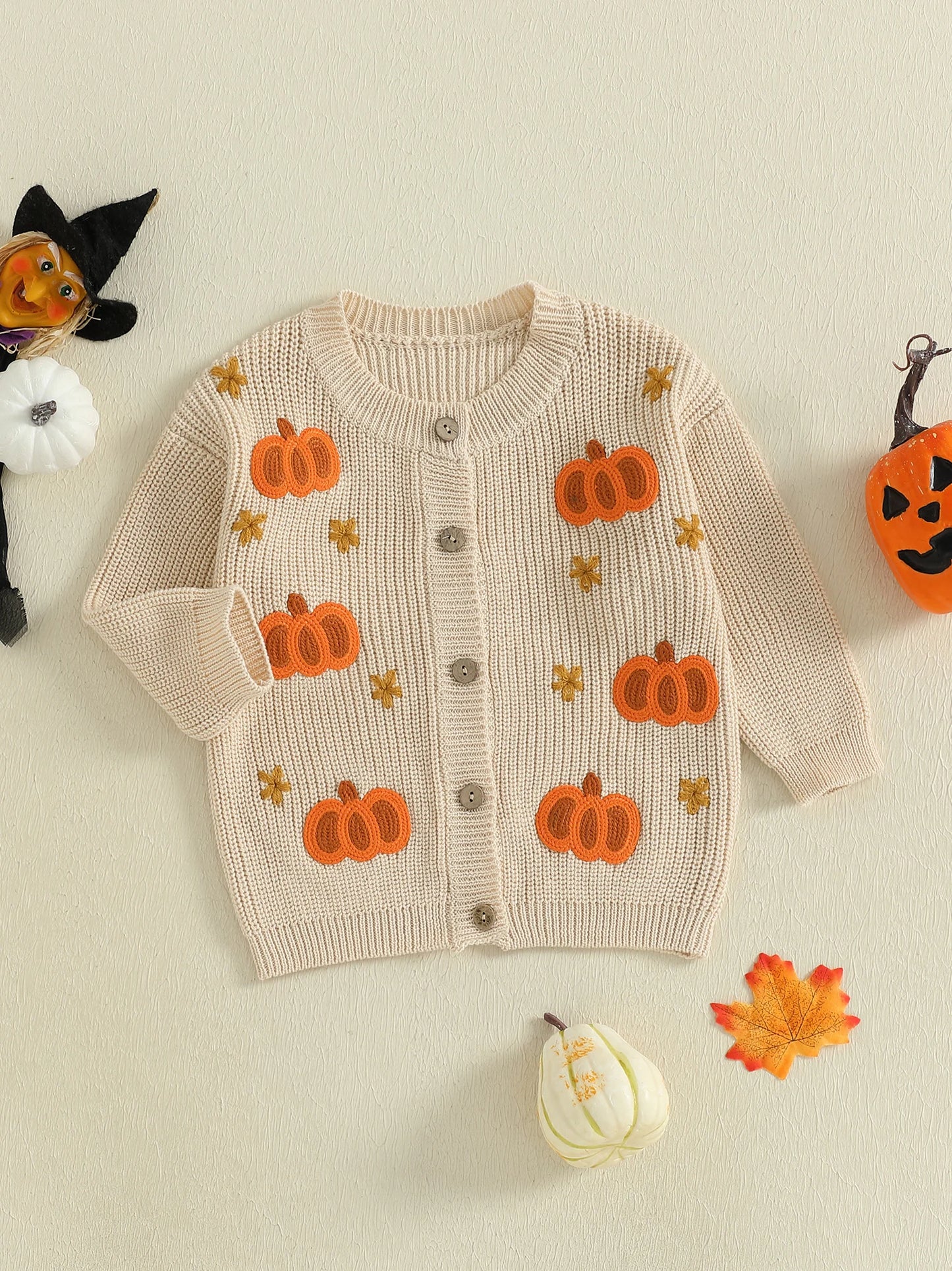 Toddler Halloween Cardigan - Pumpkin Embroidery Button Knit Sweater