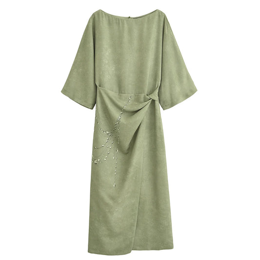 Spring Women's Chain Printed Modern Wide Round Neck MIDI Dress