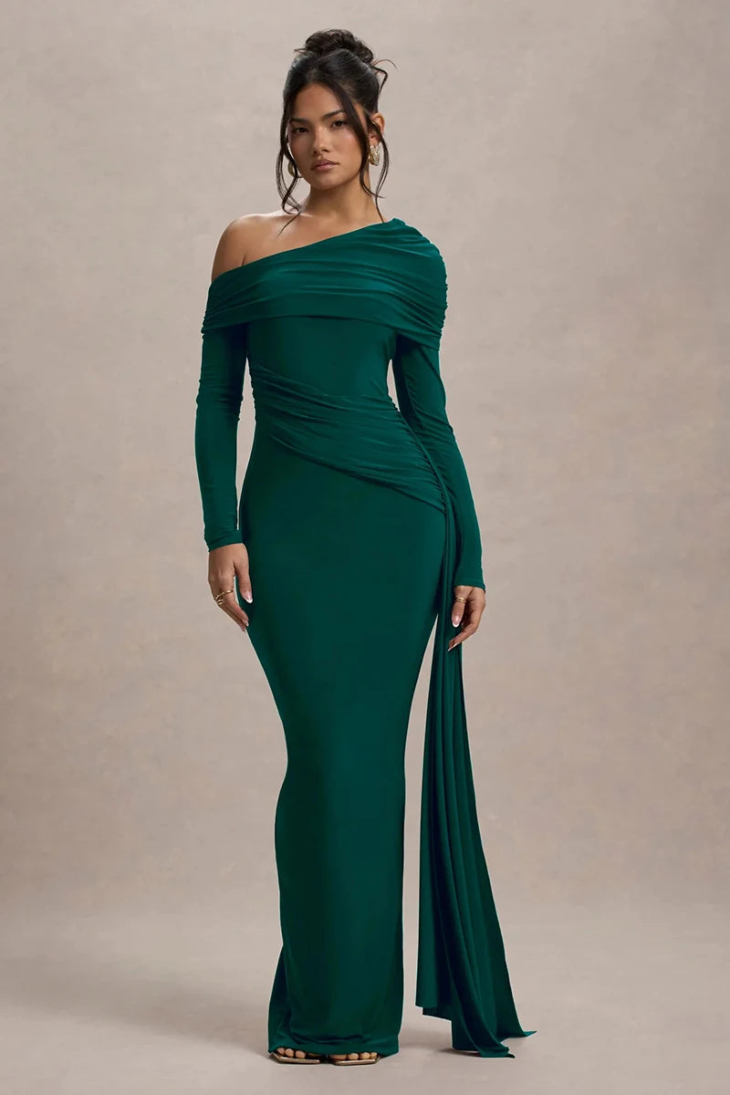 Women's Skew Collar Long Sleeve Maxi Backless Draped Ruched Bodycon Long Dress