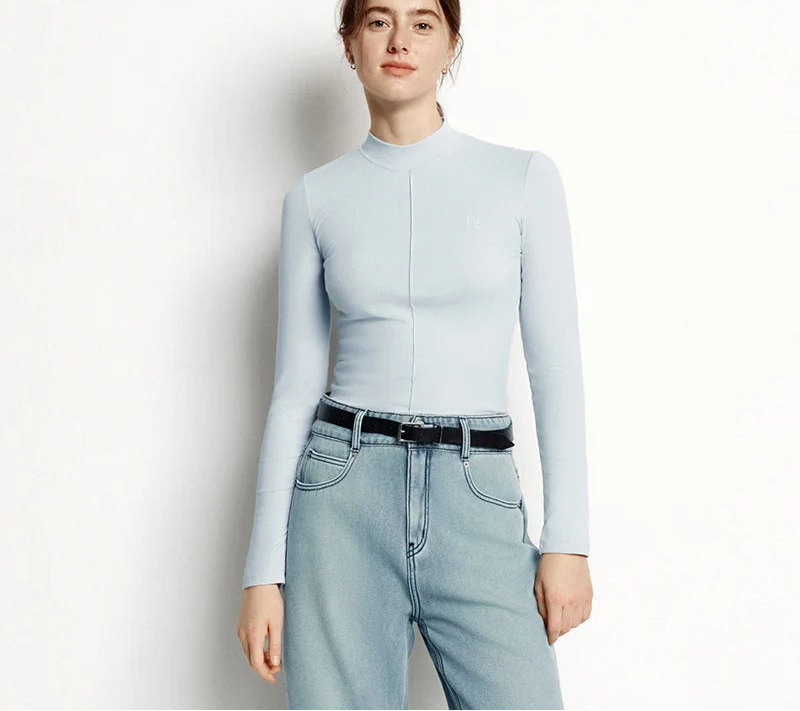 Women's Mock Neck Thermal Base Layer - Slim Fit Brushed Fabric with Embroidery