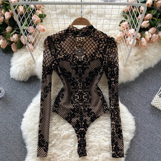 Women's Summer Chic Flocking Slim Backless Bodycon Bodysuit