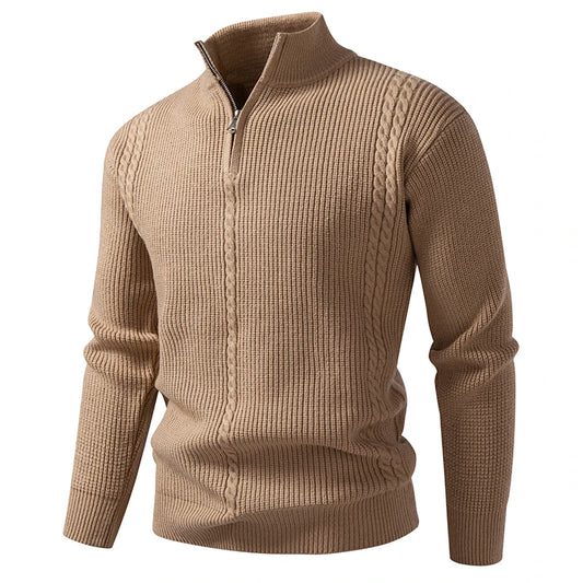 Men's Autumn Winter Half-Zip Stand Collar Knit Sweater - Warm Casual Pullover
