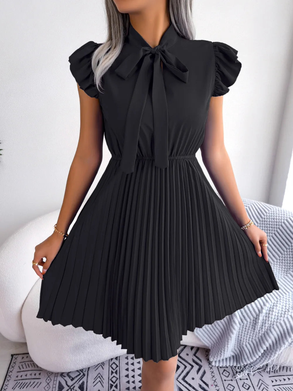 Women's Spring Summer Elegant Lace Up High Waist Large Fold Bow Collar Pleated Dress
